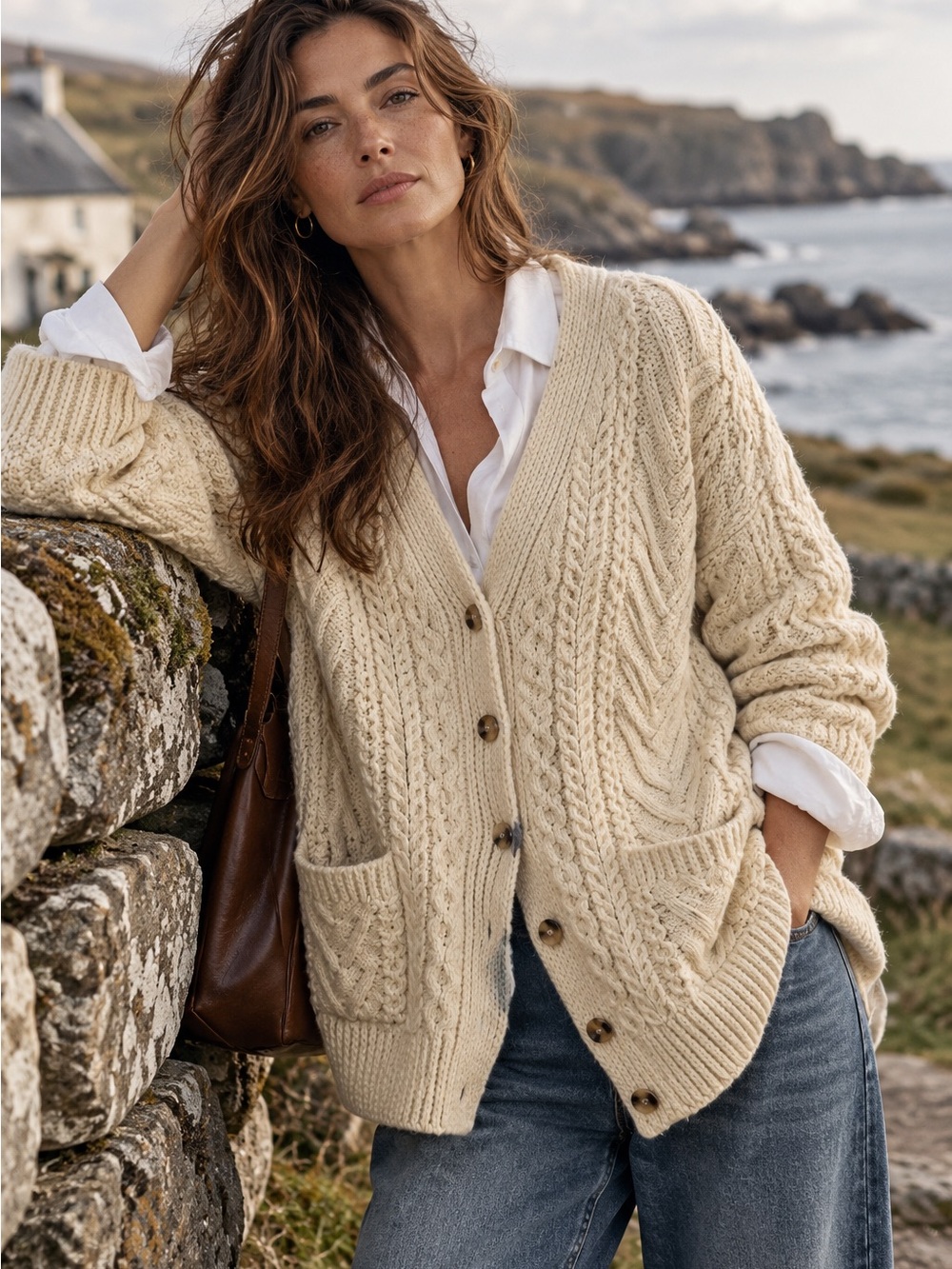 Vintage Aran Cable Knit Cardigan Cream Oversized Fisherman Coastal Grandmacore